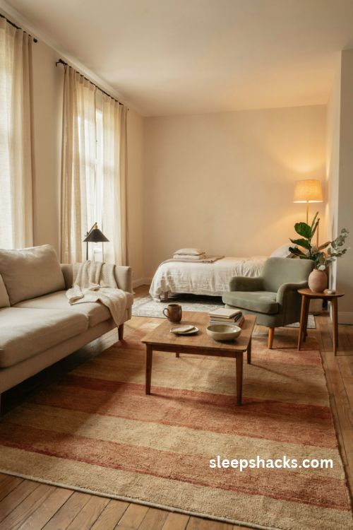 Studio apartment living area with a large textured rug defining a cozy seating zone