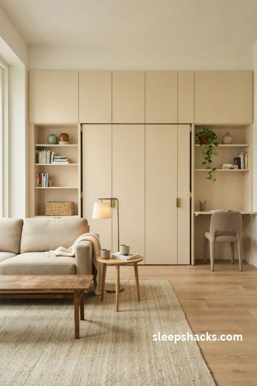 Studio apartment with a hidden Murphy bed built into an ivory wall unit and open shelving