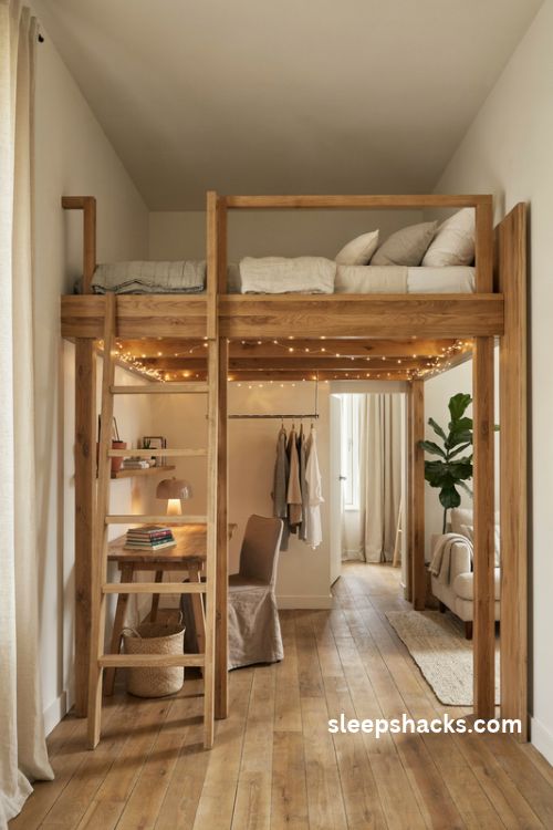 Studio apartment with a raised loft bed and cozy workspace underneath