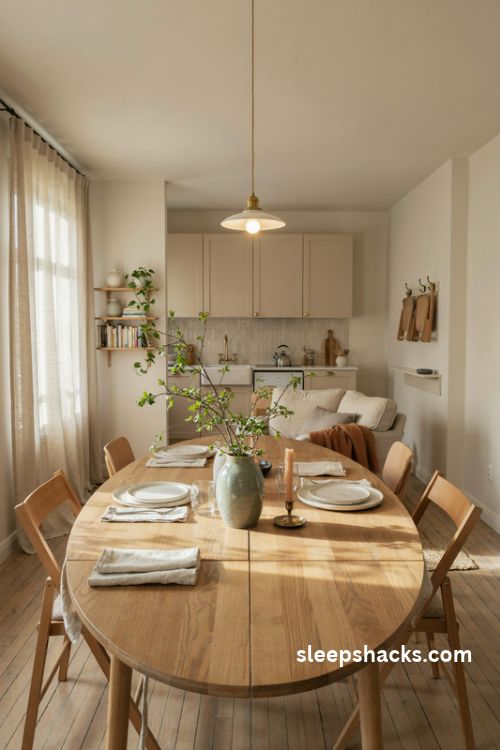 Studio apartment with an extendable drop leaf dining table and space saving folding chairs
