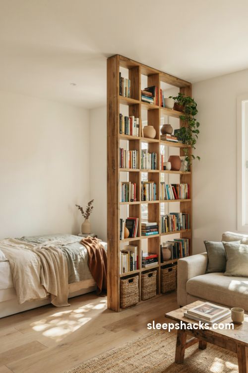 Studio apartment with an open bookcase room divider separating the cozy bedroom nook