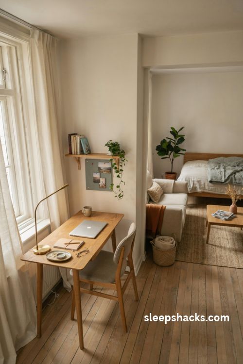 Studio apartment work corner with a slim wooden desk beside a bright window