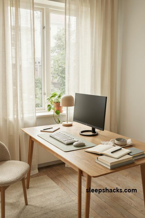 Study desk beside a window with sheer curtains and natural daylight