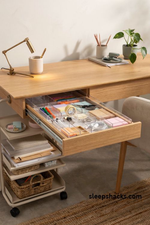 Study desk drawer organizers with clear trays and hidden rolling cart storage