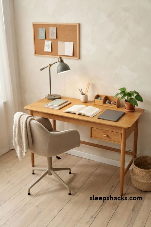 Study desk ideas with organized supplies warm lighting and a cozy minimalist workspace