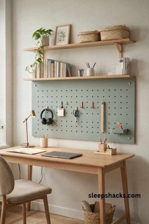 Study desk organization with a sage green pegboard floating oak shelves and tidy storage
