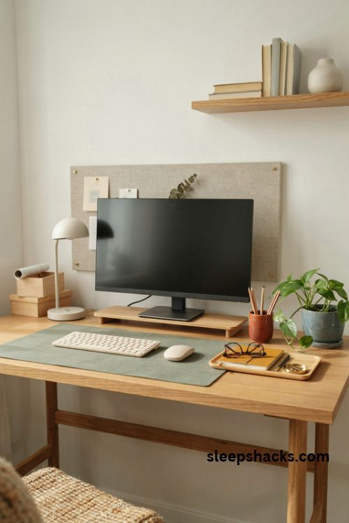 Study desk with a calming sage green and light oak color palette