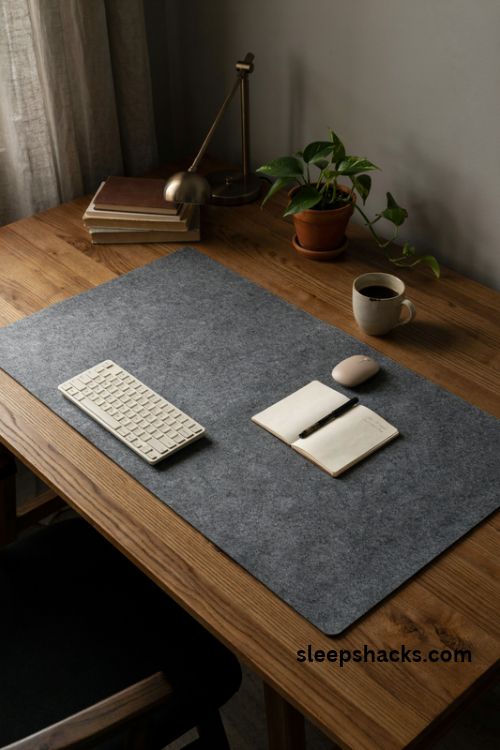 Study desk with a large charcoal felt desk mat for an organized workspace