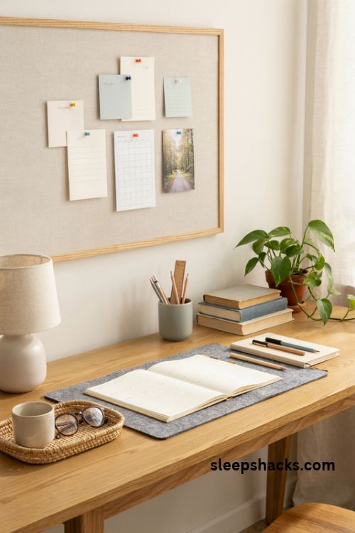 Study desk with a linen pinboard and weekly planner for organized studying