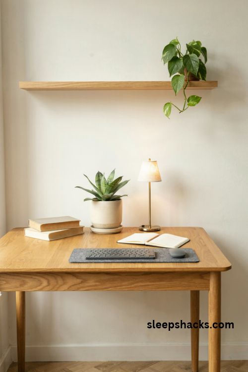 Study desk with a small green plant for a calm and peaceful workspace