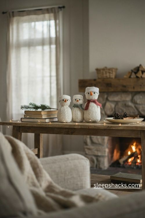 Stuffed sock snowmen in different sizes on a cozy rustic Christmas bookshelf