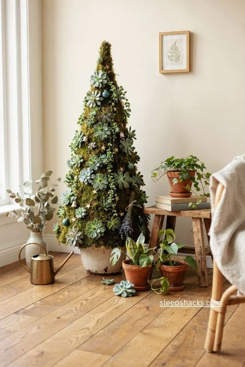 Succulent wreath christmas tree with moss wire frame and tiny ornaments in a bright botanical living room 