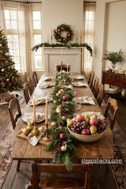 Sugared fruit christmas decor with golden pears frosted apples evergreen garlands and vintage candlelight