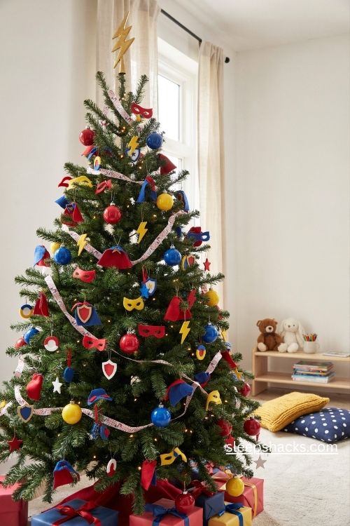 Superhero squad christmas tree with red blue yellow ornaments felt capes lightning bolts and handmade decorations