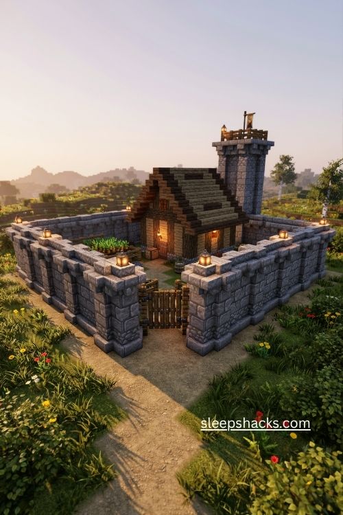 Survival base fence Minecraft ideas with stone walls and gate