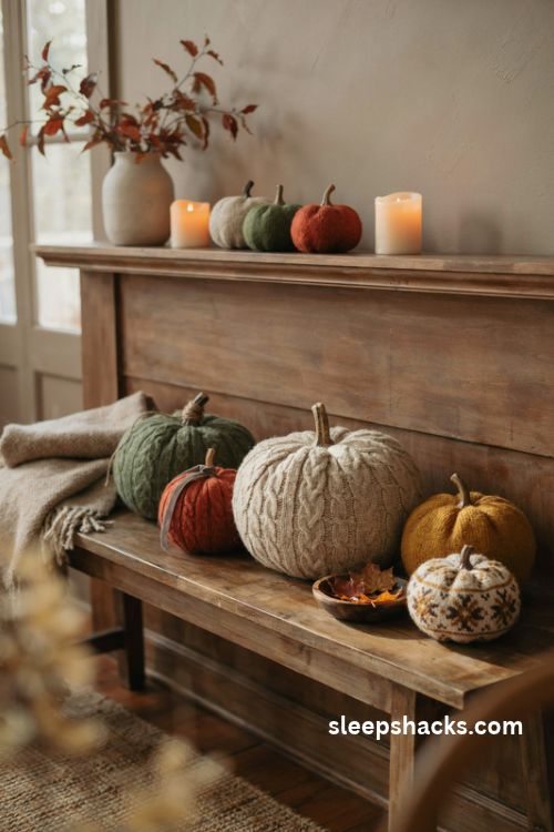 Sweater pumpkins made from old knitted sweaters in cozy autumn colors for farmhouse fall decor