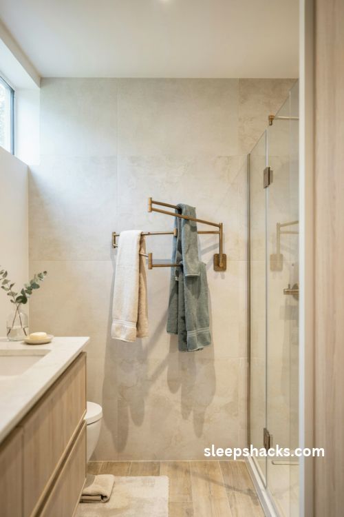Swing arm towel rack in a small bathroom with brushed brass hinges and neutral bath towels