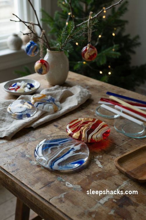 Swirled fused glass marble christmas ornaments in blue white silver and gold