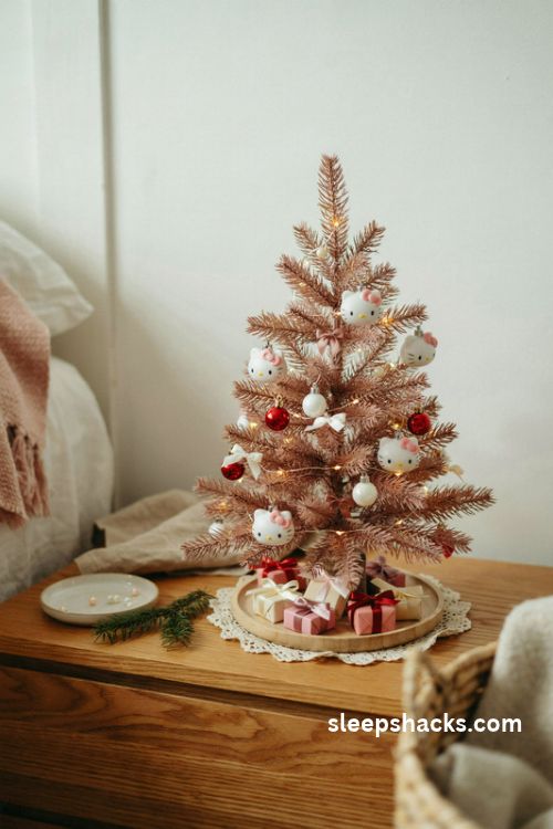 Tabletop Hello Kitty Christmas tree with tiny pink ornaments fairy lights and miniature wrapped gifts
