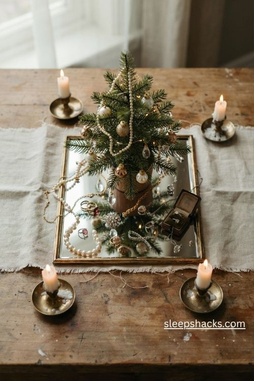 Tabletop christmas tree on a mirrored gold tray with scattered vintage jewelry pearls and brooches