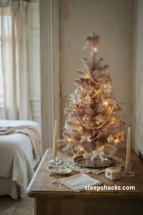 Tabletop coquette Christmas tree with tiny blush bows pearl garlands and a lace doily