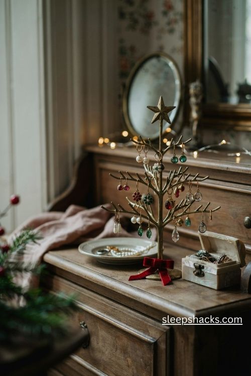 Tabletop earring display tree with vintage jewelry red velvet bow and festive christmas accents