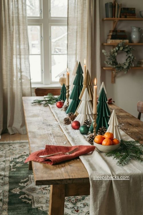 Tabletop forest centerpiece with green gold and white magazine trees 