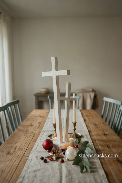 Tabletop mini cross christmas tree with cranberries brass candle holders and rustic farmhouse decor