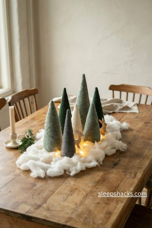 Tabletop wool christmas forest with handmade felt trees fluffy wool snow and tiny wooden woodland animals