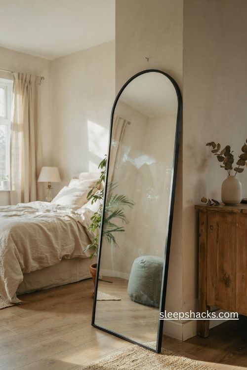 Tall arched floor mirror leaning in a cozy bedroom corner with natural wood and soft neutral decor