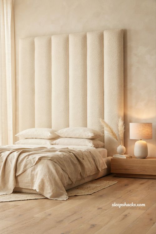 Tall cream boucle upholstered headboard in a cozy serene bedroom with linen bedding