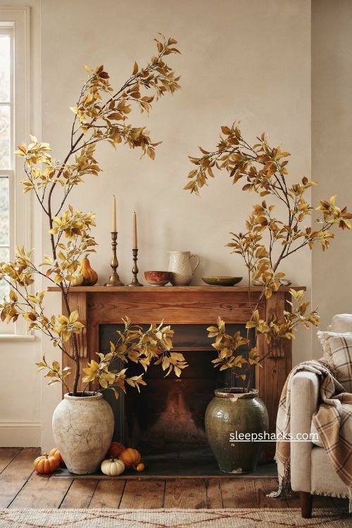 Tall golden leaf branches with gourds on a cozy fall fireplace mantel