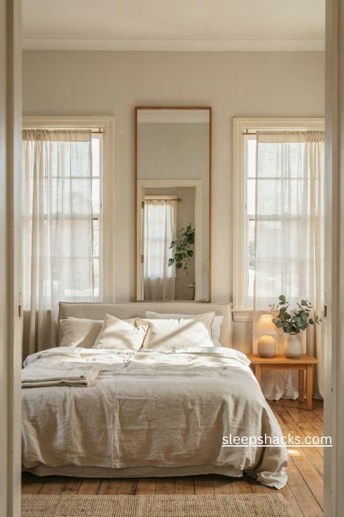 Tall mirror between two bedroom windows creating the illusion of a third window with sheer curtains