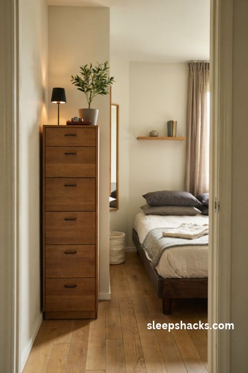 Tall narrow walnut dresser with six drawers in a small men's bedroom with charcoal accents and neutral bedding