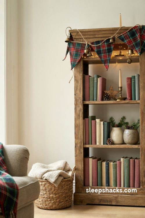 Tartan Christmas bunting with handmade plaid fabric flags and tiny brass bells