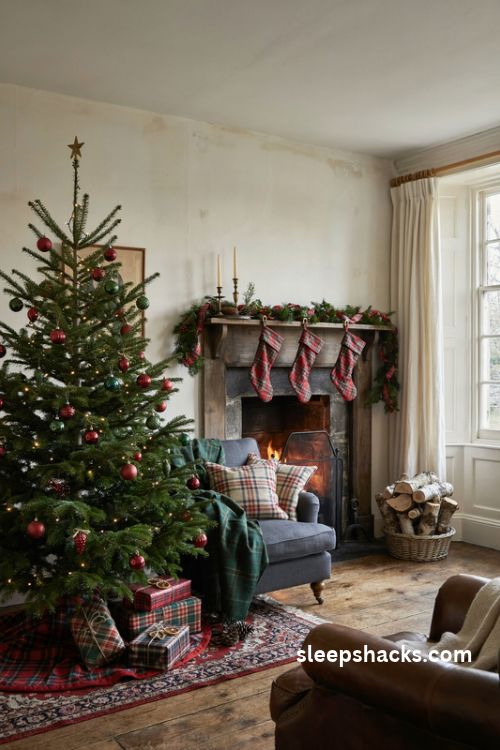 Tartan Christmas decorations with red plaid stockings cozy vintage cottage living room