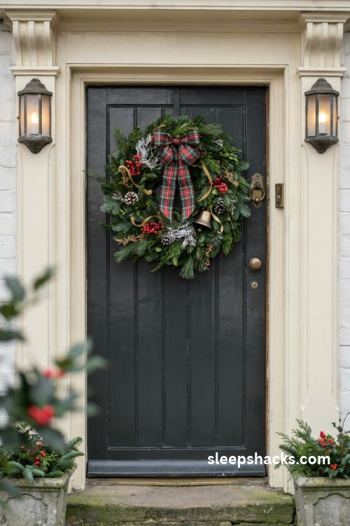 Tartan Christmas front door wreath with red plaid bow berries and frosted pinecones