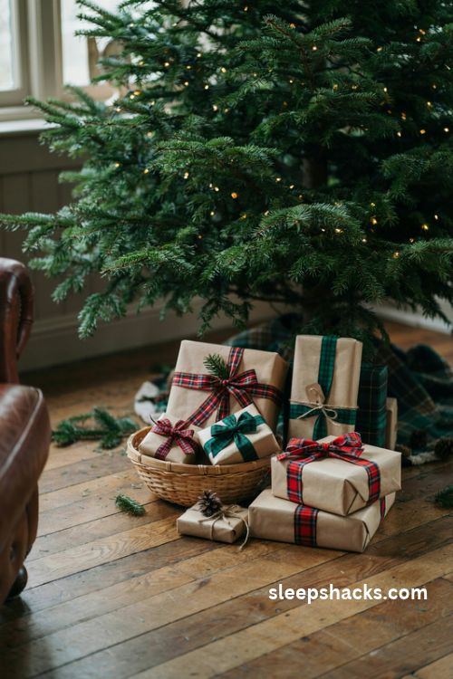 Tartan Christmas gift wrapping with plaid ribbon kraft paper and fresh fir sprigs