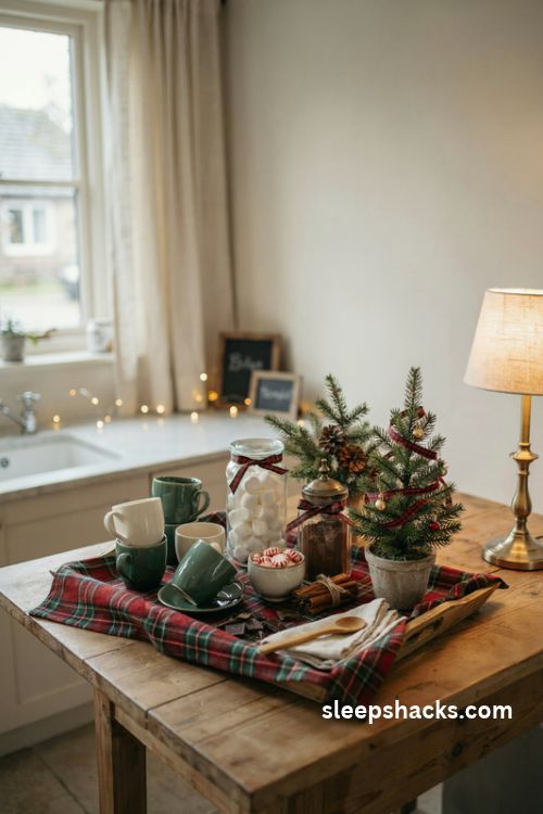 Tartan Christmas hot cocoa station with ceramic mugs marshmallows and cinnamon sticks