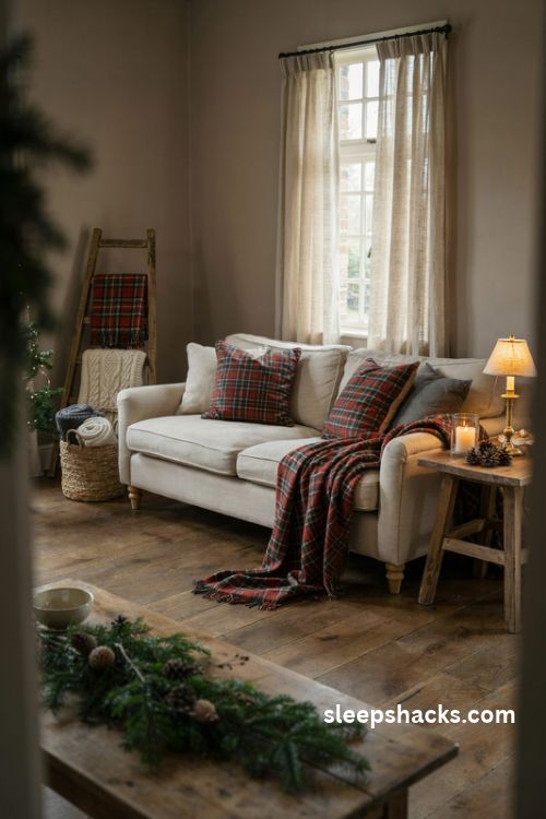 Tartan Christmas pillows and cozy wool blankets on a rustic cottage sofa
