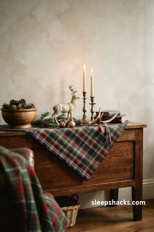 Tartan Christmas sideboard decor with brass candlesticks ceramic stag and pinecones