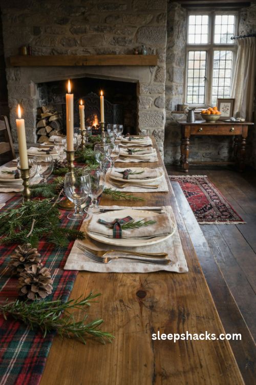 Tartan Christmas table runner with cream plates gold flatware and rosemary napkins