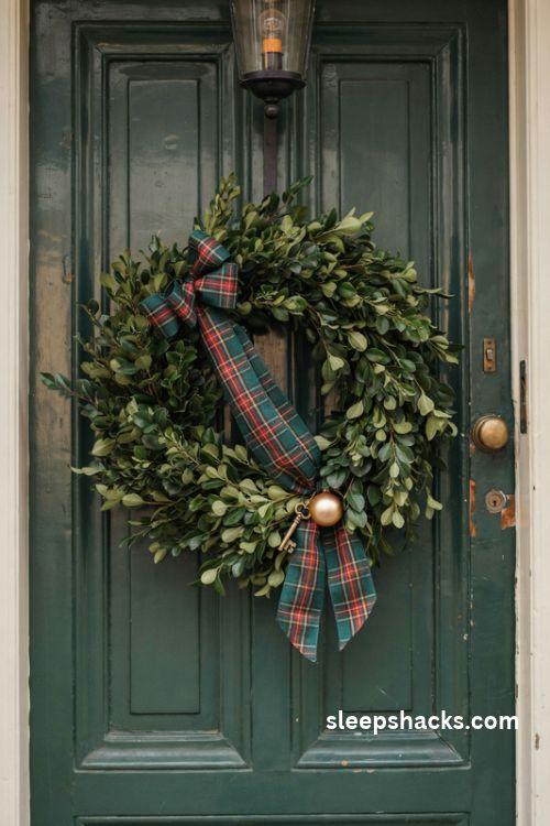 Tartan Christmas wreath sash with red green and gold ribbon on a boxwood wreath and vintage green door