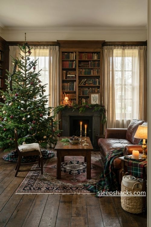 Tartan christmas decor with deep green plaid ribbons burgundy accents dark wood and brass details