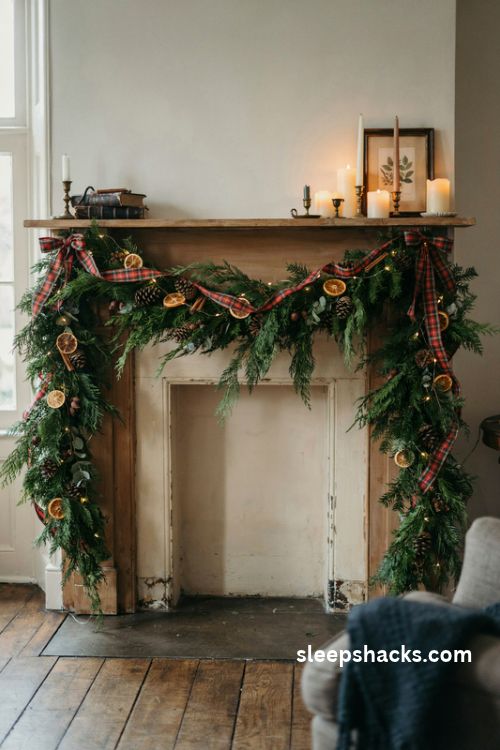 Tartan ribbon Christmas mantel garland with greenery pinecones and glowing pillar candles