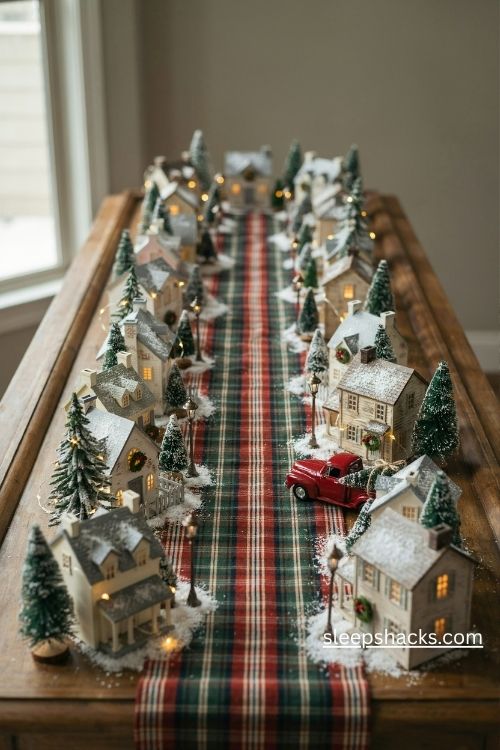 Tartan runner Christmas village lane with snowy cottages and a red vintage truck