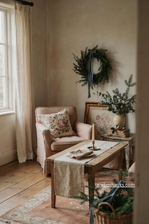 Tea stained rose Christmas decor with faded florals and blue green ribbon 
