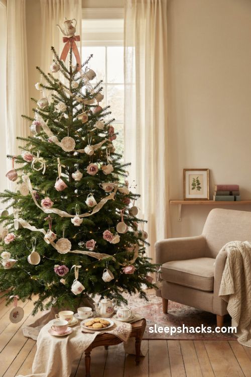 Teacup tea party Christmas tree with pink floral ornaments and vintage teapots