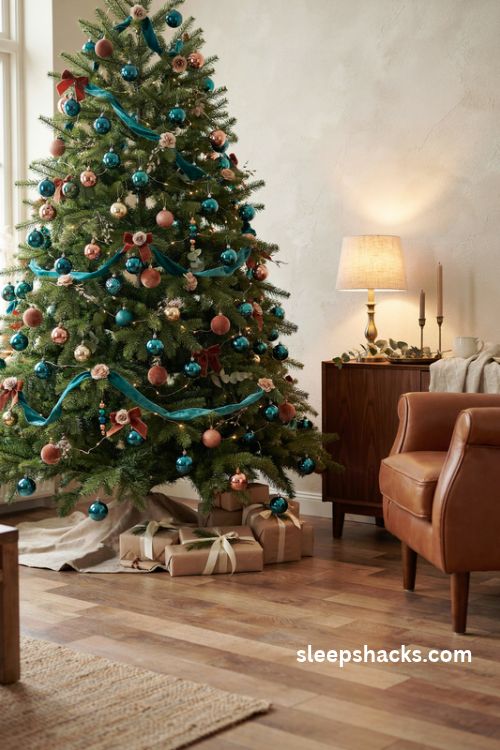 Teal and cocoa brown Christmas tree with velvet ribbon copper ornaments and warm white lights