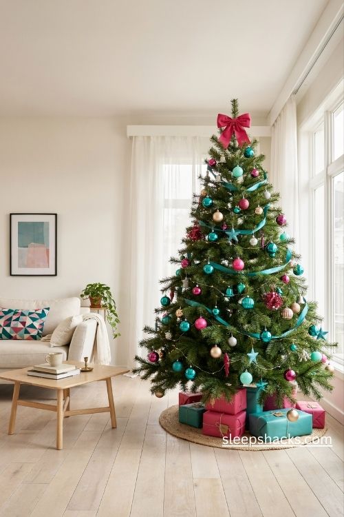 Teal and hot pink Christmas tree with bold ribbons and colorful festive ornaments